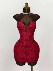 Amplova 2件套抹胸提花超低腰半身裙 - 紅色 - 查看 5