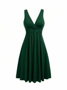 EMERY ROSE 大码黑色 V 领腰部褶皱针织连衣裙 - 墨綠色 - 查看 4