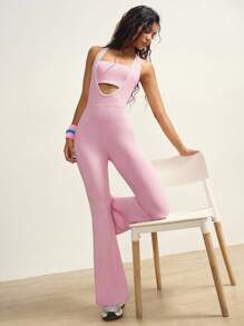 VARSIVA 女式撞色滚边镂空后背无袖运动连体裤瑜伽连体裤普拉提连体裤喇叭裤粉色连体裤 - 彩色 - 查看 7