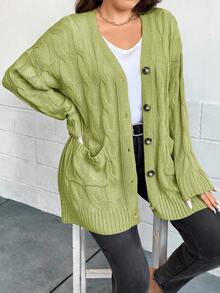 EURMUSE Plus Size Casual Solid Color Cardigan With Dual Pockets, Autumn/Winter - Olive Green - View 3