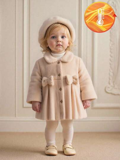 SHEIN 女童秋冬外套，时尚可爱百搭优雅蝴蝶结领蓬松连帽贝雷帽