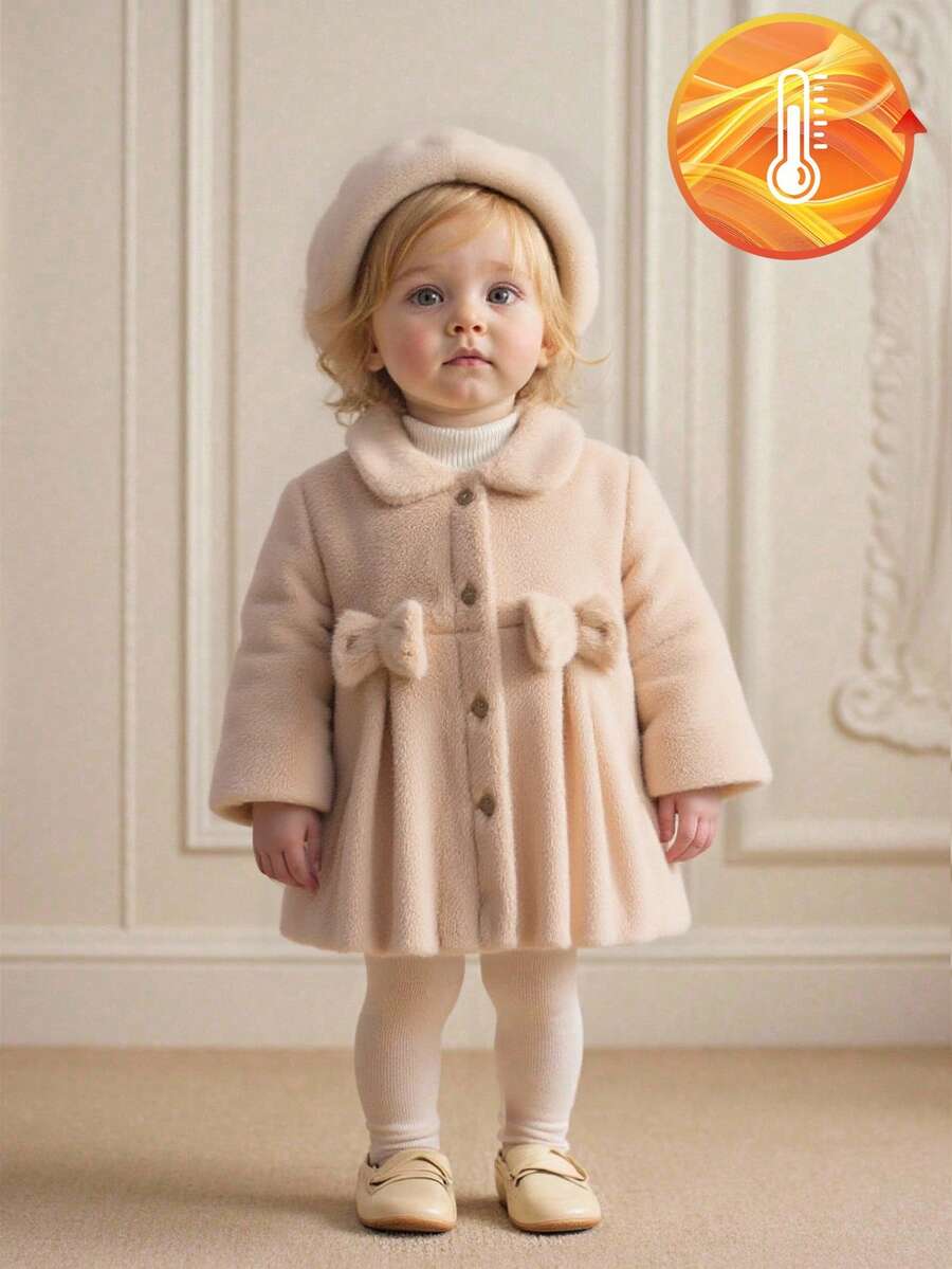 SHEIN 女童秋冬外套，时尚可爱百搭优雅蝴蝶结领蓬松连帽贝雷帽 - 卡其色 - 查看 1