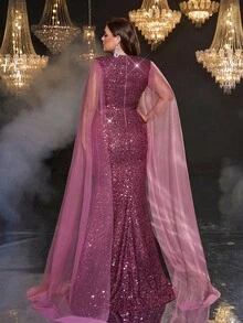 Aureia 加大码优雅浪漫奢华莲花粉色亮片撞色网眼甜心领串珠胸围腰部喇叭袖合身鱼尾下摆连衣裙，适合晚会、约会、度假、舞会、婚礼活动（重度点缀） - 藕粉色 - 查看 7