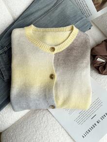 Minimalist Fashion Gradient Yarn Crew Neck Long Sleeve Knit Cardigan - Yellow - View 4
