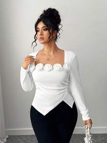 SHEIN Elenzya قميص نسائي أنيق بطبعة وردة كبير الحجم - أبيض - مشاهدة 9