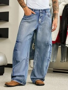 Manfinity Hypemode Men's Loose Fit Pocket Flared Leg Casual Jeans Baggy Jeans Streetwear, All Season Unisex Y2K Washed Blue For Hang Out - Medium Wash - View 4