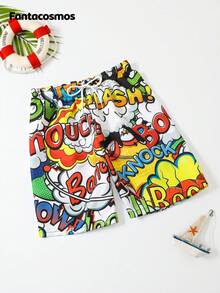 Fantacosmos Traje de baño para niños talla (Grande) Traje de baño de moda para niños preadolescentes con estampado de letras en inglés de colores y cordones, adecuado para vacaciones y verano - Multicolor - Ver 1