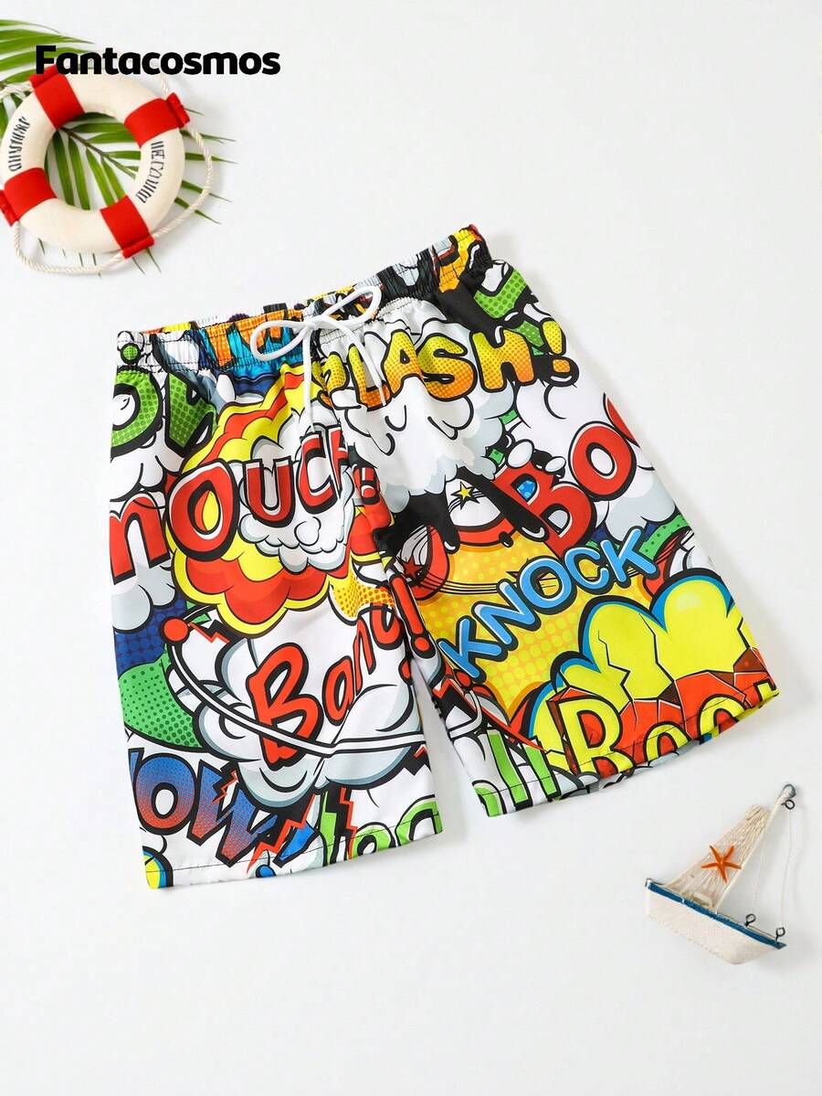 Fantacosmos Traje de baño para niños talla (Grande) Traje de baño de moda para niños preadolescentes con estampado de letras en inglés de colores y cordones, adecuado para vacaciones y verano - Multicolor - Ver 1