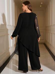 SHEIN Clasi Top à manches longues col V avec décor floral 3D, ourlet asymétrique, patchwork noir et argent métallique plissé, plus pantalon droit ajusté. Ensemble 2 pièces et élégant pour soirée, tailles grandes - Noir - Voir 2
