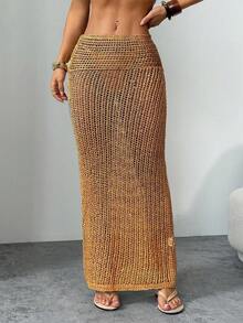 SHEIN PETITE Classic Solid Color Fitted Knit Sweater Skirt, Casual & Fashionable, Spring Summer Maxi Skirt Raves Beach Crochet Skirt Vacation In Fall/Winter - Gold - View 6