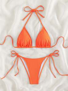 Swim Basics 2026 Spring/Summer Orange Special Fabric Women's Swimsuit, Spaghetti Strap Halter Solid Color Sexy Side Tie Bikini Bottom Two-Piece Swimwear - Orange - View 5