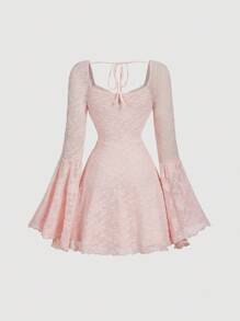 SHEIN MOD Women White Lace Jacquard Flare Sleeve Short Knit Dress,New Years Women Dress,Elegant Dresses For Women