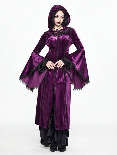 Goth Gothic Palace Style Halloween, Flared Sleeve Velvet Hooded Coat, Long Length