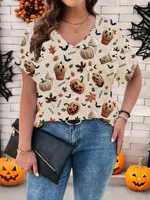 EMERY ROSE Áo thun tay ngắn cổ chữ V in hình quả bí ngô thường ngày rộng rãi cho nữ mặc Halloween cỡ lớn, trang phục Halloween cho lễ hội đêm đi chơi - Nhiều màu - Xem 4