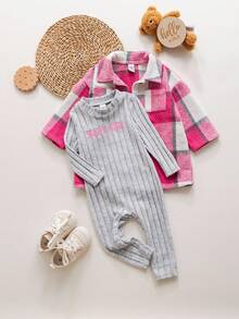 SHEIN Babygirl Plaid Woolen Jacket & Knitted Gray Long Sleeve Jumpsuit Set, Autumn/Winter Fall - Multicolor - View 1