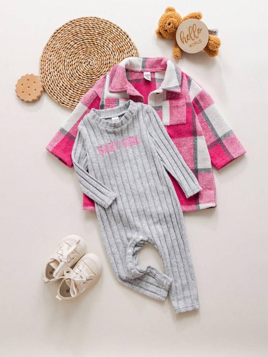 SHEIN Babygirl Plaid Woolen Jacket & Knitted Gray Long Sleeve Jumpsuit Set, Autumn/Winter Fall - Multicolor - View 1
