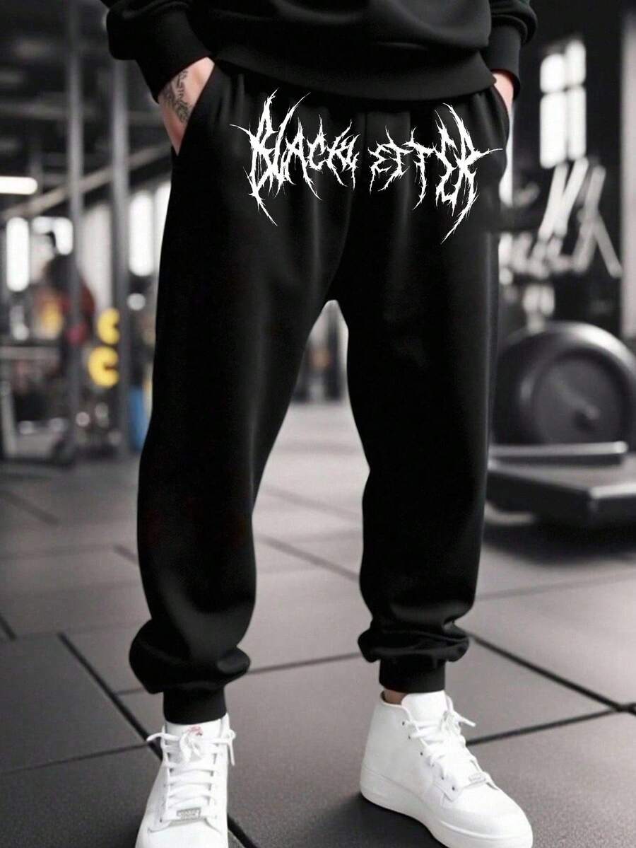 Manfinity Sport Corelite Men's Gothic Letter Print Pockets Drawstring Waist Sports Pants Sweat Pants - Black - View 1
