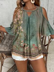 EMERY ROSE 返校季教师节假期风格休闲百搭大码露肩假日风格复古欧式优雅花卉图案锁眼领衬衫，暑假 - 彩色 - 查看 6