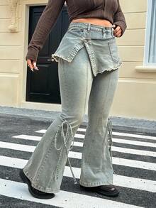 SHEIN ICON Women's Retro Denim Flared Leg Tie-Waist Slim Fit 2 In 1 Pants