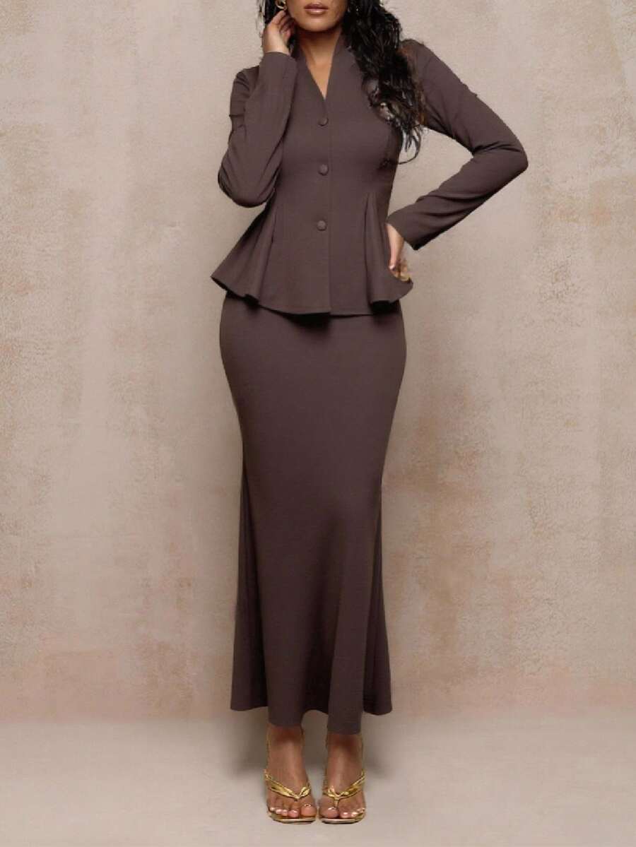 Islaluna Franclia Elegant V-Neck Button-Down Long-Sleeved Suit Perfect For Autumn Maillard Style Fall Cloth For Women