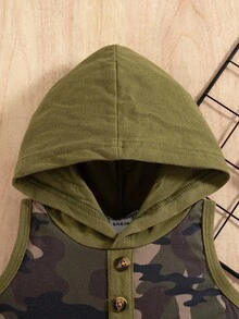 Baby Boy Camouflage Print Button Half Placket Hooded Romper Shorts - Army Green - View 3