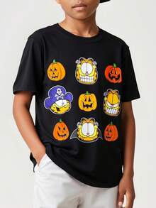 GARFIELD | SHEIN 青少年男孩卡通万圣节南瓜网格图案针织圆领短袖 T 恤 - 黑色 - 查看 3