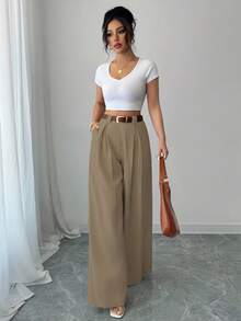 SHEIN Tall Women's Solid Color High Waist Pleated Wide Leg Loose Casual Pants Fall Cloth For Women