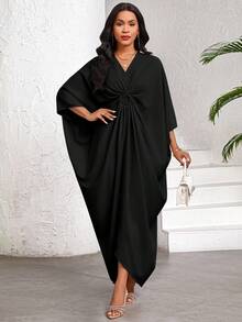 SHEIN Lady 2025 New Women's Casual Loose Bat Wing Sleeve Dress, Black Solid Color, For Holiday Vacation Outfits Women Boho/Bohemia/Boho Women Clothing Halloween  Chic Women's Dress Going Out Outfit - Black - View 7