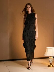 MOTF PREMIUM GLITTER CONTRAST LACE MOCK NECK LAYERED RUFFLE TRIM LONG DRESS