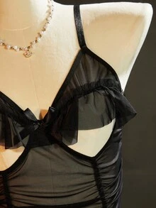 SpicyHot 2pcs/Set Women's Mesh Sheer Backless Sexy Nightgown & G-String, Going Out - Black - View 10