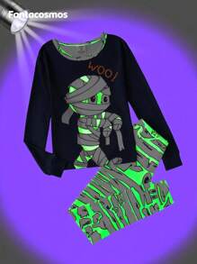Bộ đồ ngủ liền thân Halloween cho bé trai tuổi teen, áo phông và quần dài phát sáng trong bóng tối, hiệu ứng phát sáng xanh lá cây, vải mềm co giãn, áo dài tay màu xanh nước biển và quần dài bó sát, đồ ngủ phát sáng trong bóng tối, Rave - Màu xanh hải quân - Xem 1