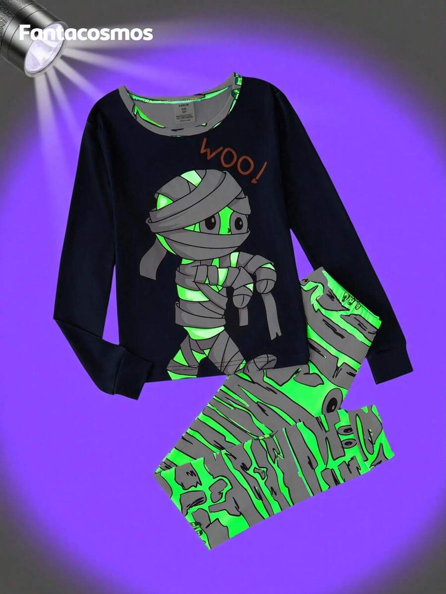 Bộ đồ ngủ liền thân Halloween cho bé trai tuổi teen, áo phông và quần dài phát sáng trong bóng tối, hiệu ứng phát sáng xanh lá cây, vải mềm co giãn, áo dài tay màu xanh nước biển và quần dài bó sát, đồ ngủ phát sáng trong bóng tối, Rave - Màu xanh hải quân - Xem 1