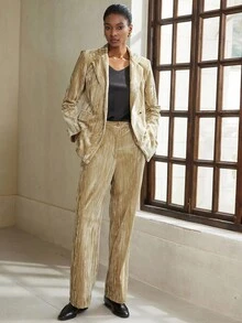 Aveloria Modichic Women's Elegant Velvet Pleated Metal Button Blazer Suit Set, Long Sleeve Top And Casual Trousers Holiday Party Clothes  - Champagne - View 4