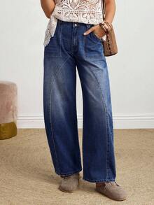 EMERY ROSE 女式口袋喇叭休闲宽松牛仔裤 - 深色水洗藍 - 查看 5