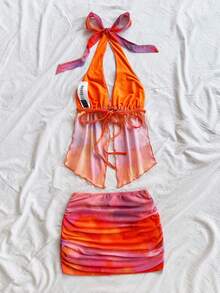 SHEIN x Eduarda Gutierrez Soleia 2件套女士扎染花卉装饰露背上衣和百褶裙套装 - 彩色 - 查看 2