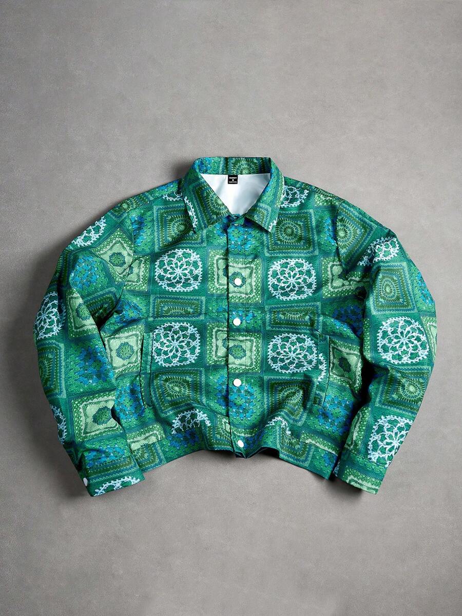 Manfinity EMRG Men's Fashion Digital Print Casual Jacket, Green Graphic Shirt Men, Green Men Shirt, Graphic Shirt, Green Shirt - Green - View 1