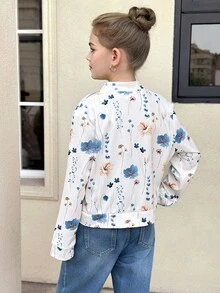 SHEIN Tween 女童休闲花卉印花针织拉链棒球夹克，秋冬时尚外套