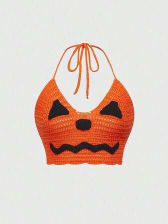 Dark Halloween Pumpkin Knit Halter Neck Tie Back Tank Top For Women