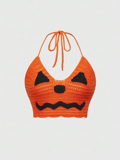 ROMWE Dark Halloween Pumpkin Knit Halter Neck Tie Back Tank Top For Women