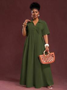 Slaydiva 2025 春夏新品度假通勤休闲白色宽松短袖 V 领褶皱 A 字长款衬衫裙大码女装