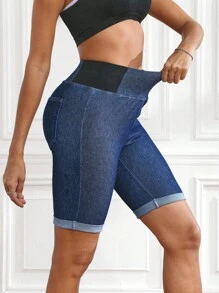 Flexra Damskie letnie, swobodne, obcisłe szorty jeansowe z wysokim stanem i mankietami u dołu - Ciemny jeans - Zobacz 1