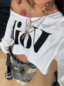 Coolane 女士秋季街头风 Y2K 极简度假辣妹图案长袖露肩宽松短款T恤 - 白色 - 查看 5