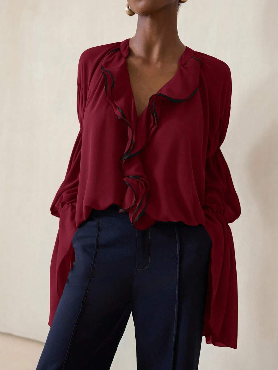 Aveloria Modichic V-Neck Ruffle Trim And Ruffle Trim Cuffs Blouse, Artistic For Autumn Strolls In The Woods And Cafe Chats - Red - View 1