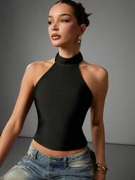 Hauture Women's Sexy Solid Black Backless Halter Top For Office, Chic, Basic Style, For Going Out