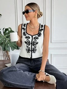 SHEIN Frenchy Women's Elegant White Floral Embroidered Sweater Vest,Contrast Trim Button Front Casual Knit Top For Autumn,Brunch,Party,Christmas & Winter,Chic - Apricot - View 7