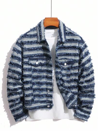 Manfinity Homme 男士拼色口袋前扣磨边休闲长袖牛仔夹克流苏牛仔夹克男士磨边牛仔夹克条纹牛仔夹克
