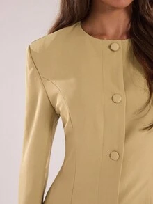 SHEIN BAE 女式前扣长袖超大码夹克和裤子套装 - 卡其色 - 查看 8