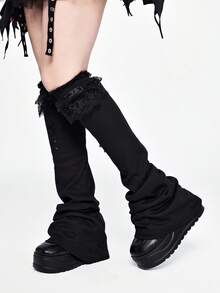 ROMWE Kawaii 1 Par de Perneiras de Renda Preta Estilo Punk, Perneiras Flare de Cor Sólida com Elemento Cruz Y2K, Emagrecedoras, Adequadas para Uso Diário, Festivais e Festas - Multicolorido - Visão 3