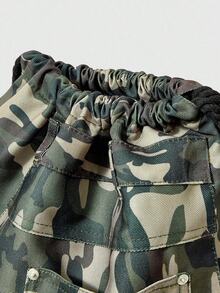 ROMWE Grunge Punk Mochila con cordón de cierre, de gran capacidad y de patrón de camuflaje vintage, versátil y casual, adecuada para ir al trabajo, actividades sociales y compras - Verde - Ver 4