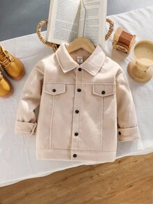 Genkimix Kids 1 件年轻男孩休闲纽扣前落肩长袖羊毛夹克，秋冬新品，适合日常穿着、户外、校园等 - 杏色 - 查看 6